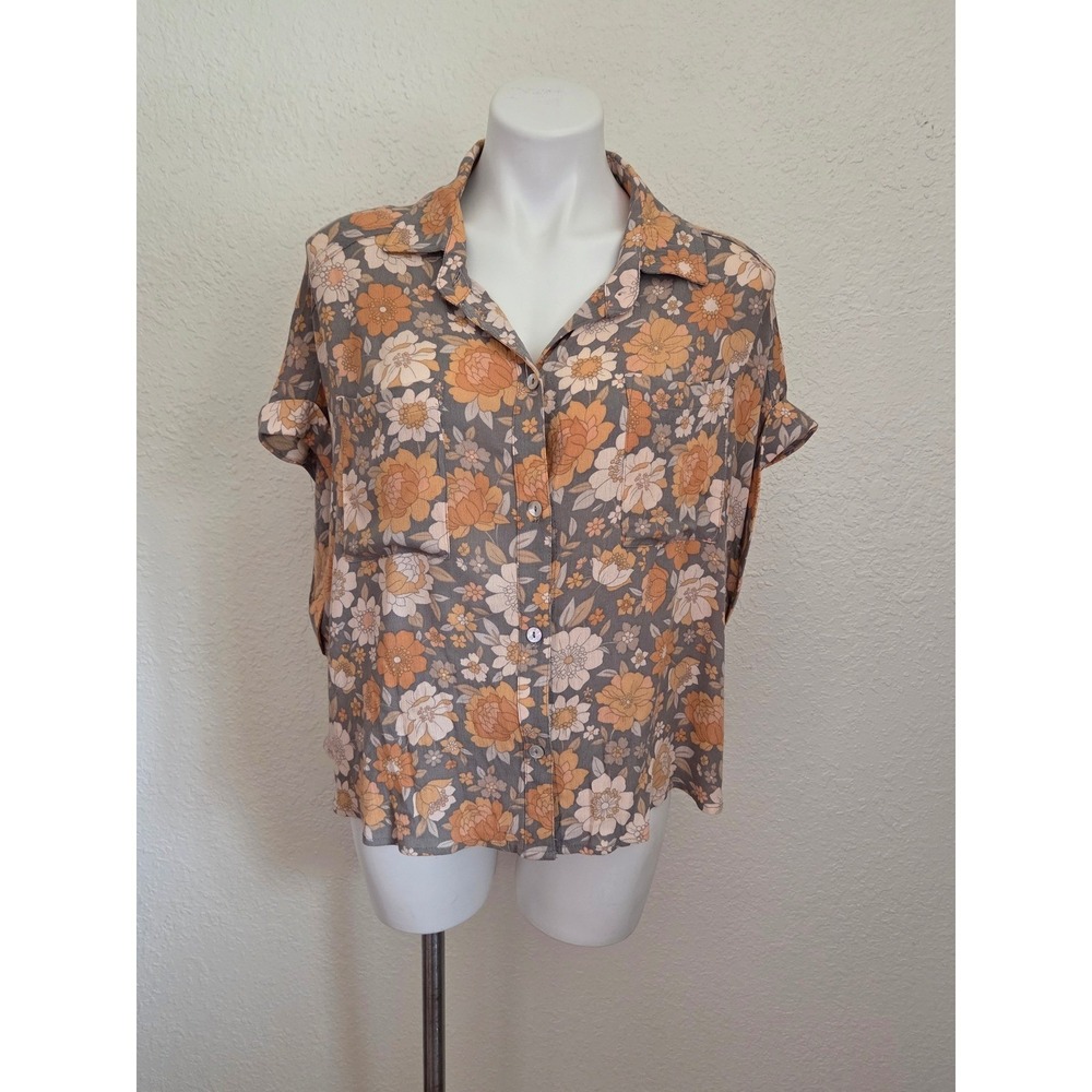 Willow + Root Womens Large Floral‎ Button Front Blouse Orange Grey Short Sleeve